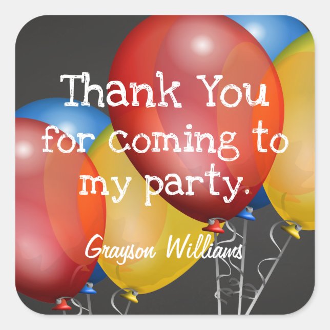 Chalkboard and Balloons Birthday Party Thank You Square Sticker (Front)