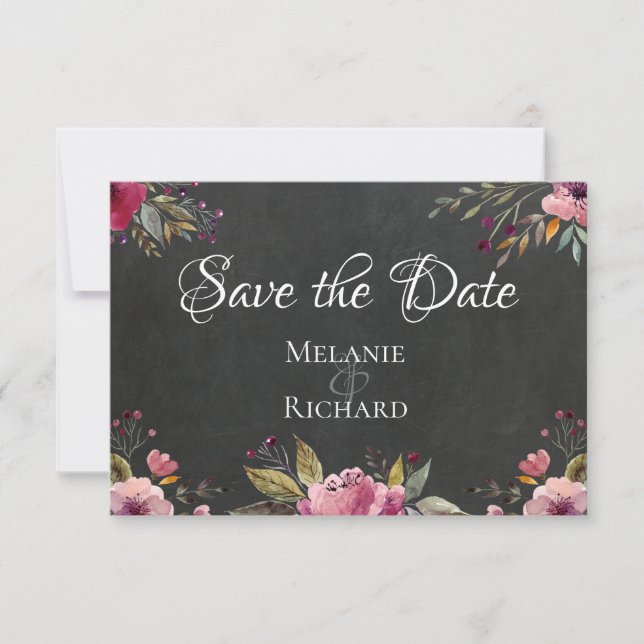 Chalkboard and Blush Floral Save the Date Card (Front)
