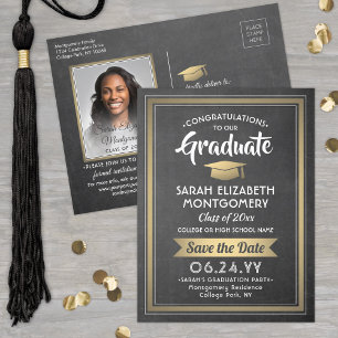 Chalkboard and Gold Graduation Photo Save the Date Announcement Postcard