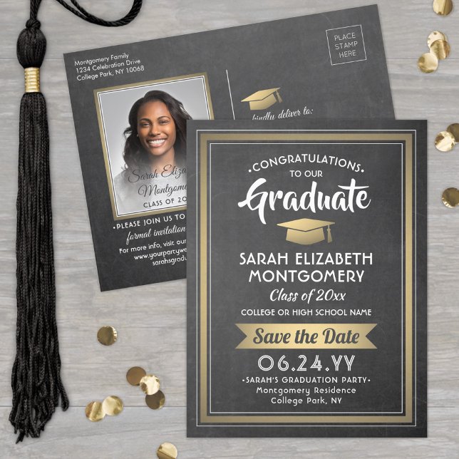 Chalkboard and Gold Graduation Photo Save the Date Announcement Postcard (Creator Uploaded)