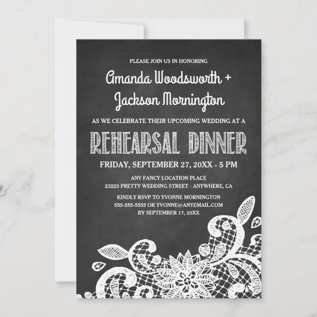 Chalkboard and Lace Rehearsal Dinner Invitations (Front)