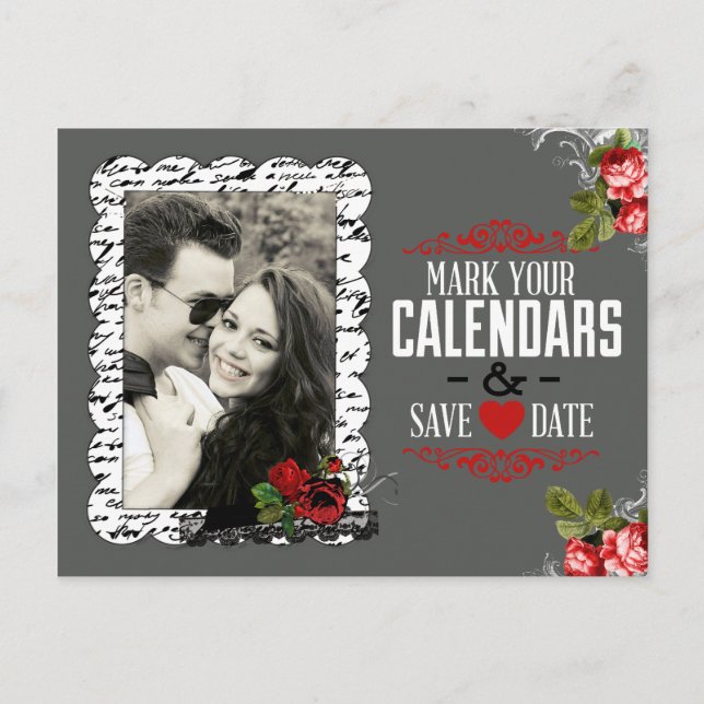 Chalkboard and Roses Photo Save the Date Announcement Postcard (Front)