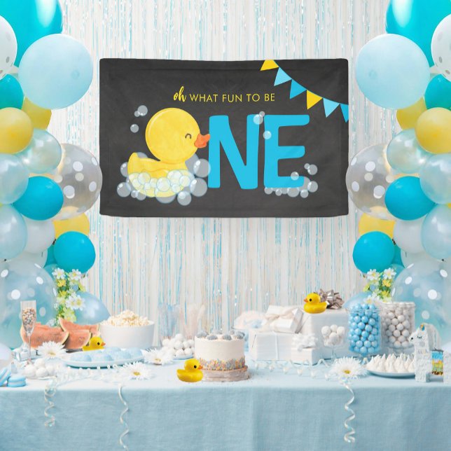 Chalkboard Aquarelle Canard une fête Bannière (Chalkboard Watercolor Rubber Duck Oh What Fun To Be One Party Banner for Ducky 1st Birthday)