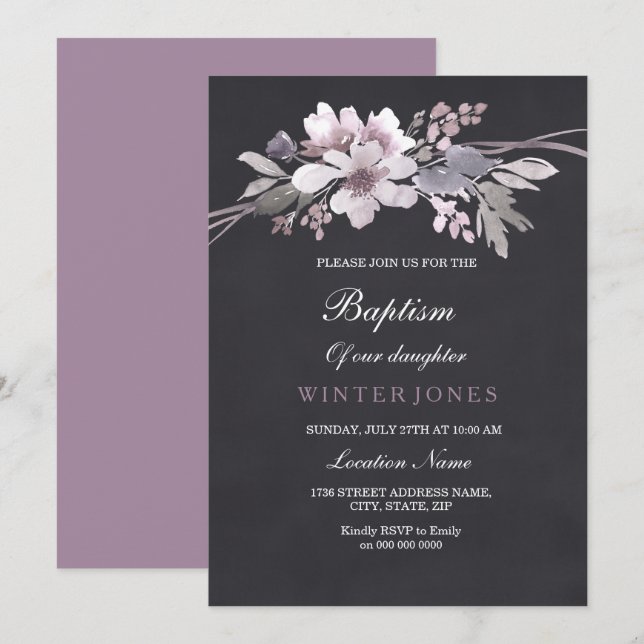 Chalkboard Aquarelle Florale Baptême Invitation (Devant / Derrière)