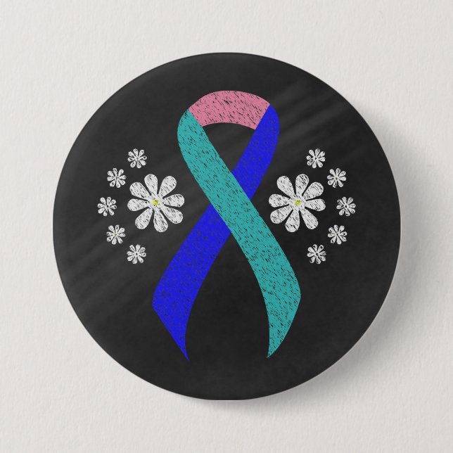 Chalkboard Awareness Teal/Pink/Blue Ribbon 3 Inch Round Button (Front)