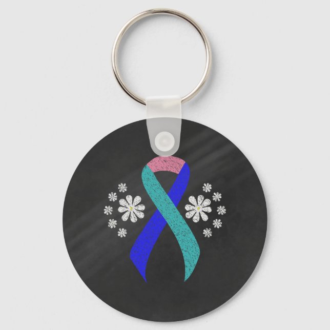 Chalkboard Awareness Teal/Pink/Blue Ribbon Keychain (Front)