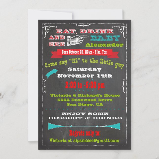 Chalkboard Baby Announcement Sip and See Invites (Front)