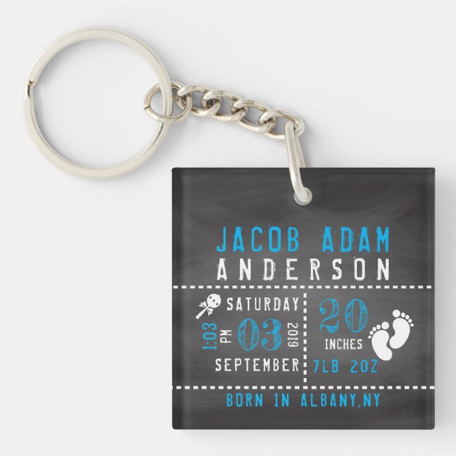 Chalkboard Baby Boy Birth Announcement Photo Keychain (Front)