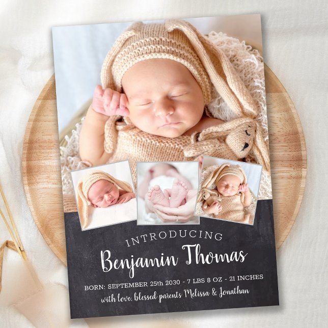 Chalkboard Baby Personalized 4 Photo Collage Birth Announcement (Creator Uploaded)