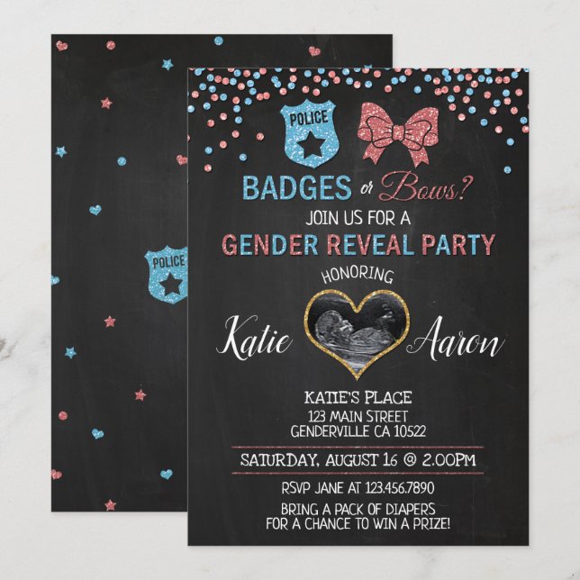 Chalkboard Badges or Bows Gender Reveal Invitation (Front/Back)