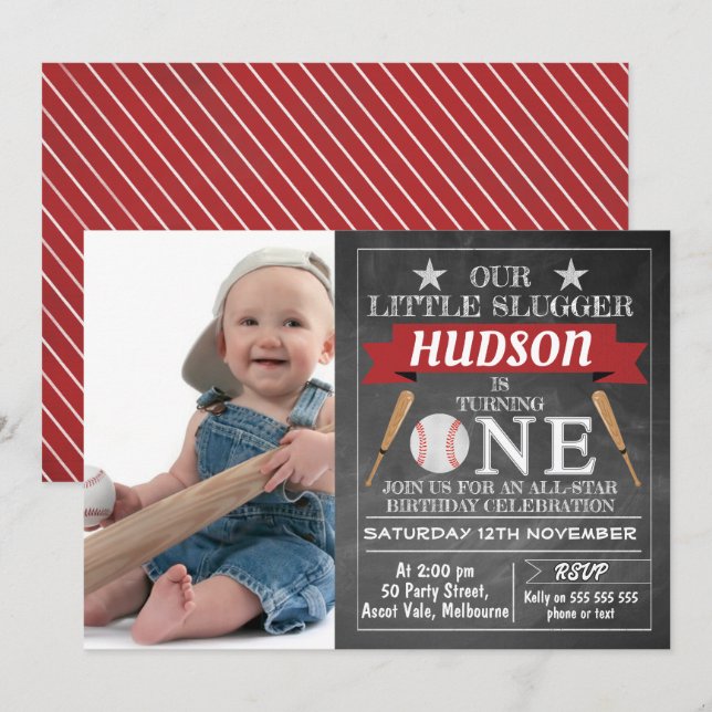 Chalkboard Baseball 1er Anniversaire Invitation (Devant / Derrière)