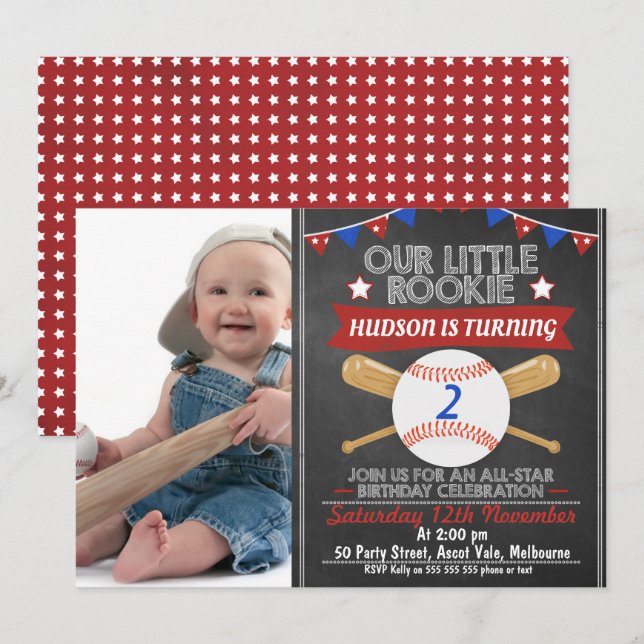 Chalkboard Baseball Photo Anniversaire Invitation (Devant / Derrière)