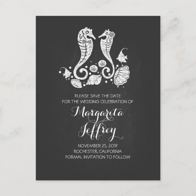 Chalkboard beach save the date postcards (Front)