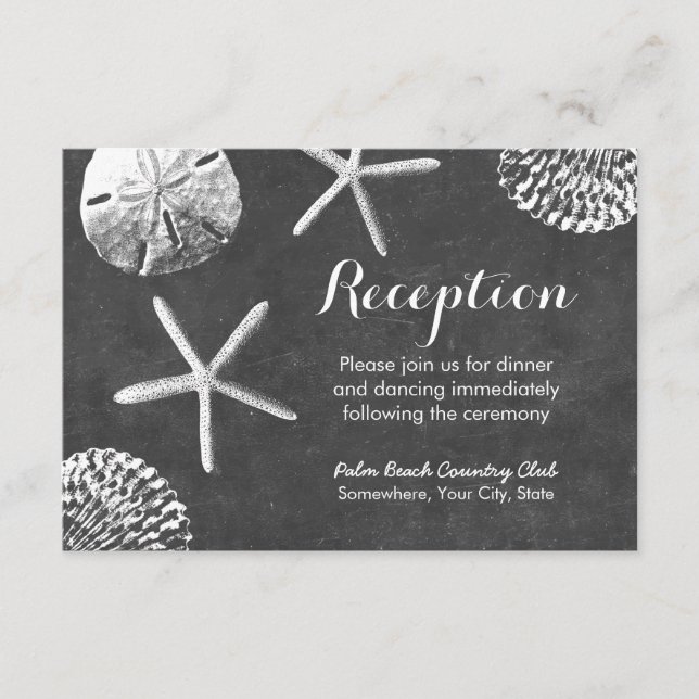 Chalkboard Beach Theme Seashells Wedding Reception Enclosure Card (Front)
