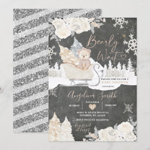Chalkboard Bear Creamy White Winter Baby Shower  Invitation
