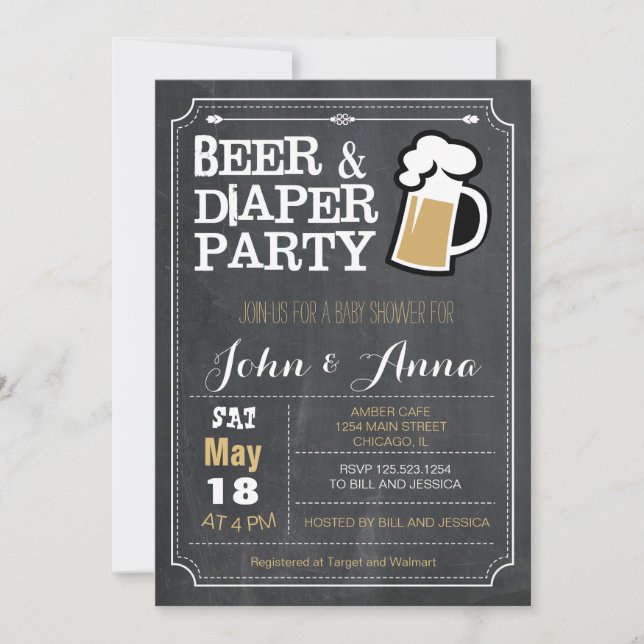 Chalkboard beer and diaper couples baby shower invitation (Front)