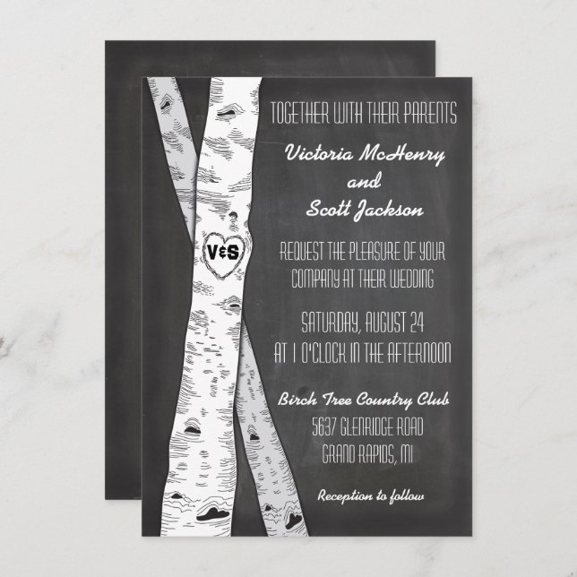 Chalkboard Birch Tree Wedding Invitations (Front/Back)