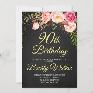 Chalkboard Birthday Women 90th Birthday Floral Invitation