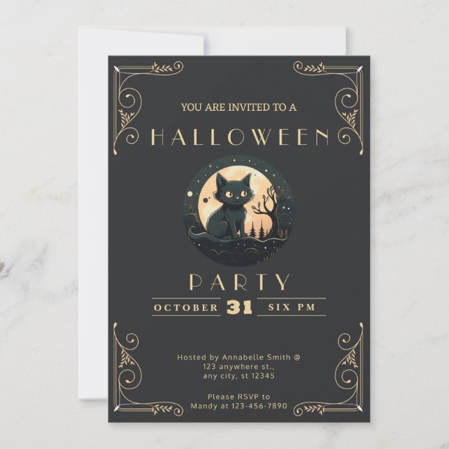 Chalkboard Black and Gold Black Cat Halloween Invitation (Front)