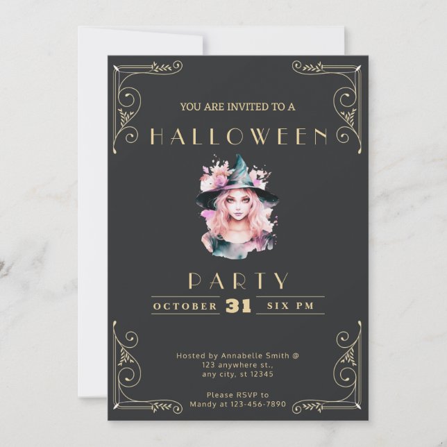 Chalkboard Black and Gold Cute Witch Halloween Invitation (Front)