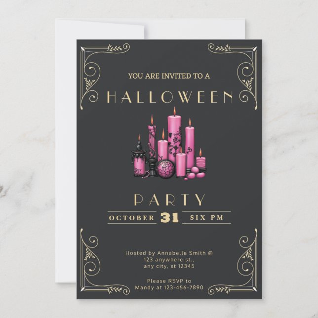 Chalkboard Black and Gold Pink Candles Halloween Invitation (Front)