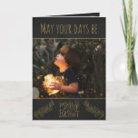 Chalkboard black and gold with picture Christmas Card<br><div class="desc">This Christmas greeting card features the picture of a child holding a jar full of bright Christmas lights on a black chalkboard background with golden decorations.
The caption,  in a golden font,  says "May your days be merry & bright".
(Easily customizable with a picture of your choice)</div>