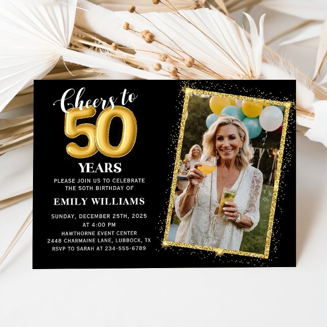 Chalkboard Black Gold Balloons 50th Birthday Photo Invitation (Creator Uploaded)