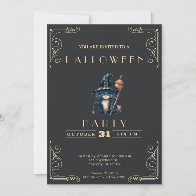 Chalkboard Black & Gold Black Cat Halloween Invitation (Front)