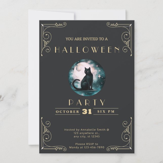 Chalkboard Black & Gold Black Cat Moon Halloween Invitation (Front)