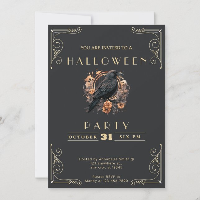 Chalkboard Black & Gold Black Crow Halloween Invitation (Front)