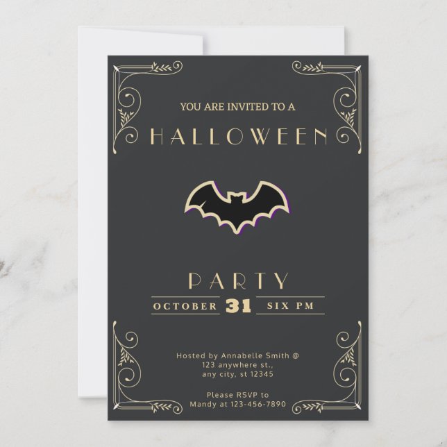 Chalkboard Black & Gold Black & Gold Bat Halloween Invitation (Front)