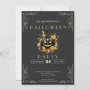 Chalkboard Black & Gold Black Pumpkin Halloween Invitation