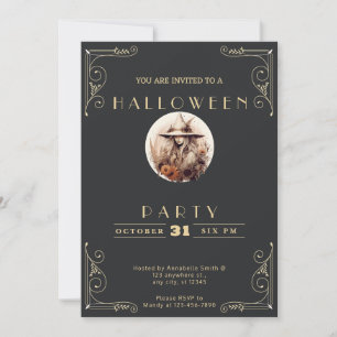 Chalkboard Black & Gold Boho Witch Halloween Invitation