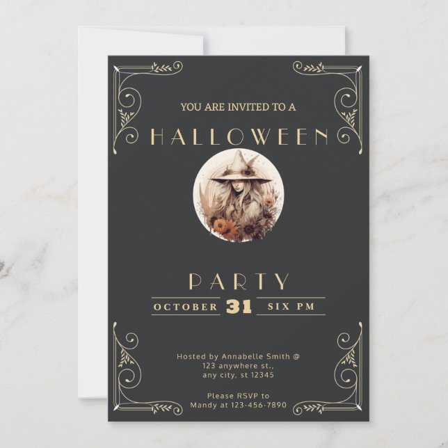 Chalkboard Black & Gold Boho Witch Halloween Invitation (Front)