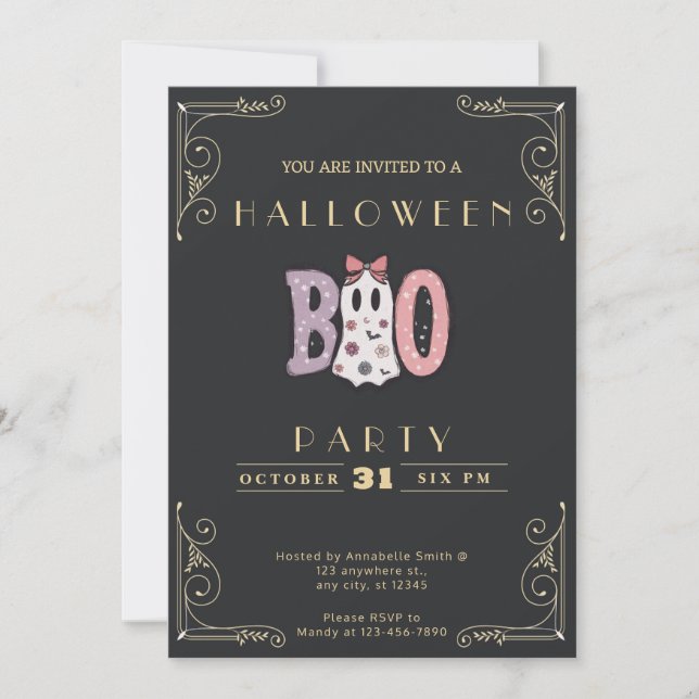 Chalkboard Black & Gold BOO Cute Ghost Halloween Invitation (Front)