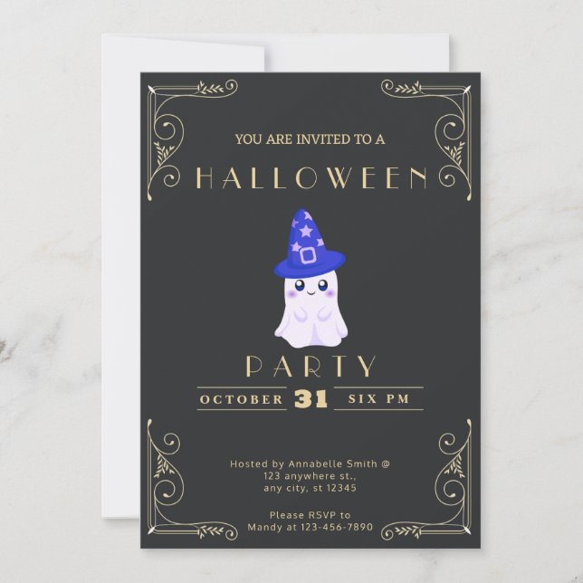 Chalkboard Black & Gold Cute Ghost Stars Halloween Invitation (Front)
