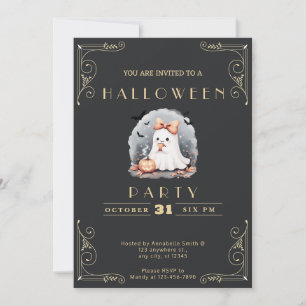 Chalkboard Black & Gold Ghost Bow Bats Halloween Invitation
