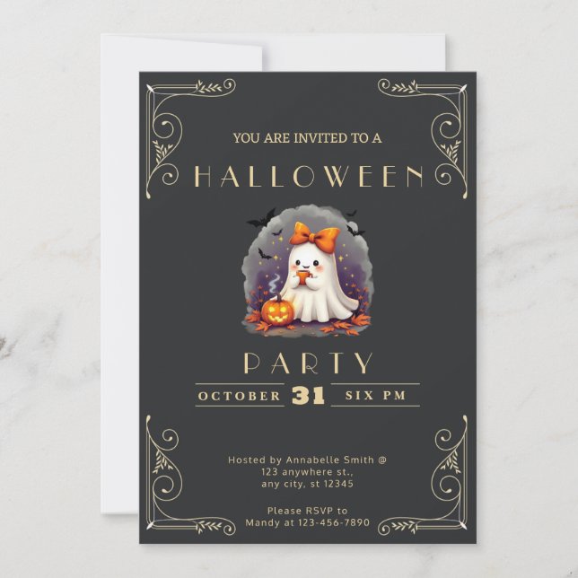 Chalkboard Black & Gold Ghost Bow Bats Halloween Invitation (Front)