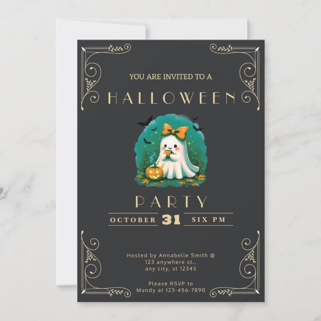 Chalkboard Black & Gold Ghost Bow Bats Halloween Invitation (Front)