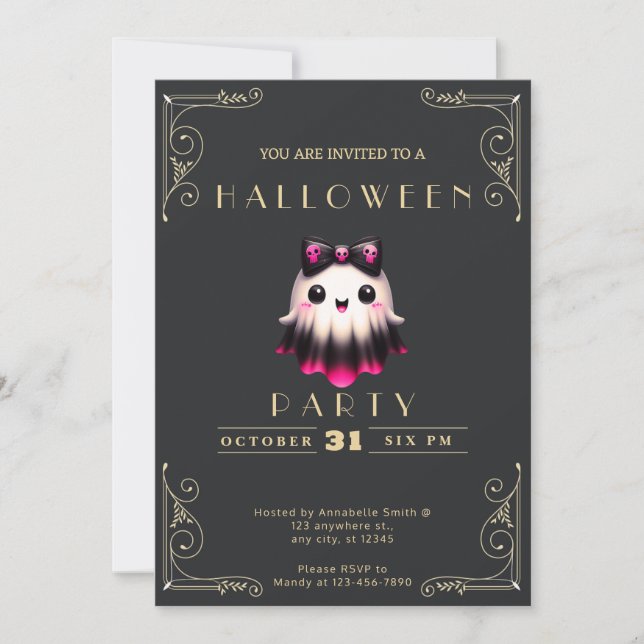 Chalkboard Black & Gold Ghost Bow Skulls Halloween Invitation (Front)