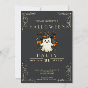 Chalkboard Black & Gold Ghost Stars Bats Halloween Invitation
