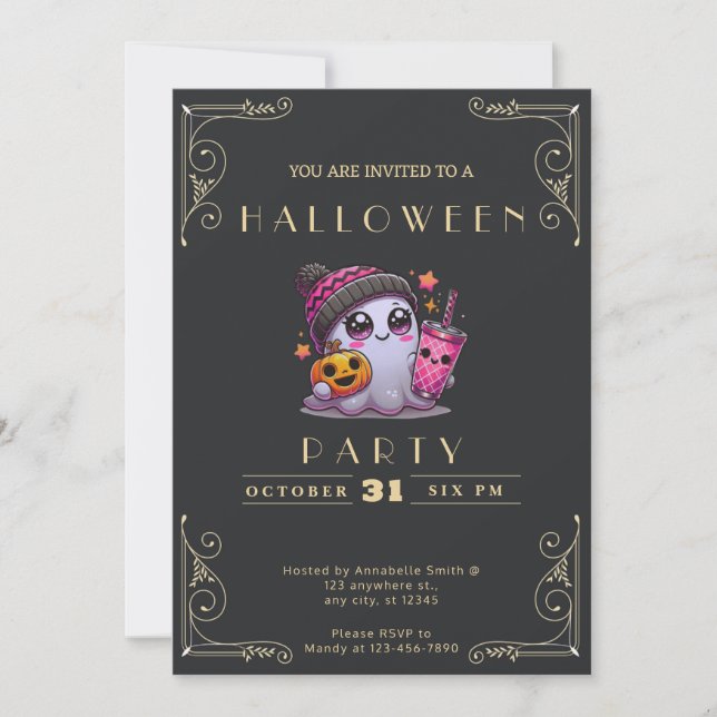 Chalkboard Black & Gold Ghost Stars Cute Halloween Invitation (Front)