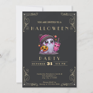 Chalkboard Black & Gold Ghost Stars Cute Halloween Invitation