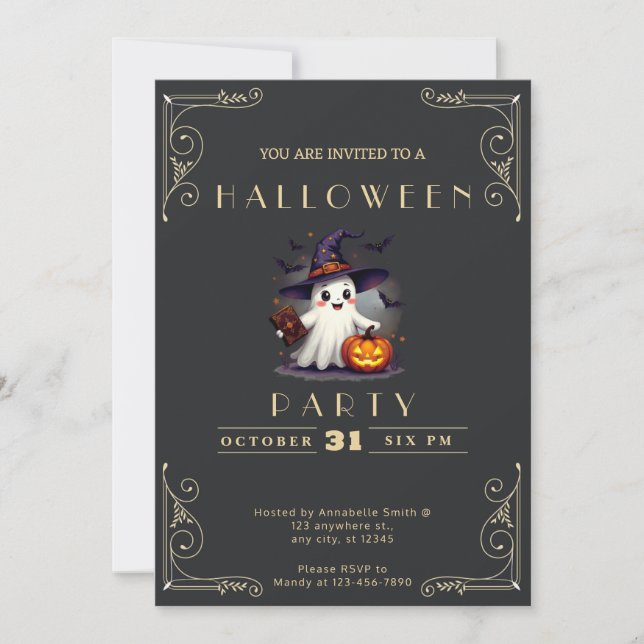 Chalkboard Black & Gold Ghost Wizard Hat Halloween Invitation (Front)