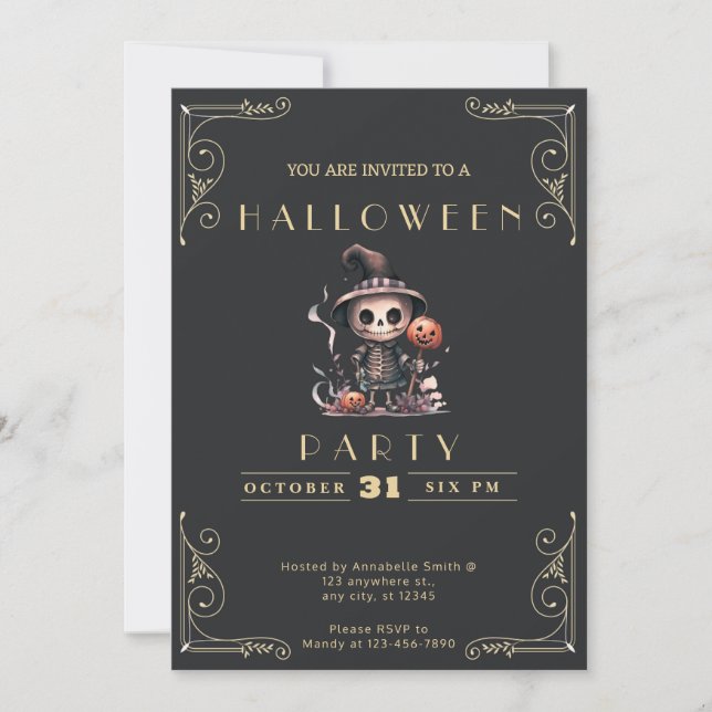 Chalkboard Black & Gold Ghoul Witch Hat Halloween Invitation (Front)