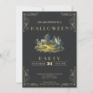 Chalkboard Black & Gold Graveyard Halloween Invitation