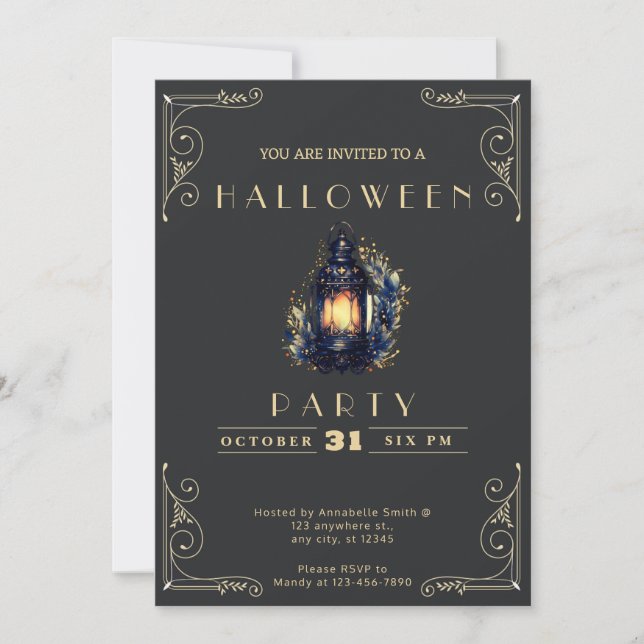 Chalkboard Black & Gold Lantern Halloween Invitation (Front)