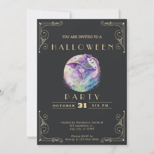 Chalkboard Black & Gold Pastel Witch Halloween Invitation