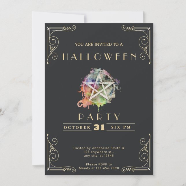 Chalkboard Black & Gold Pentagram Halloween Invitation (Front)