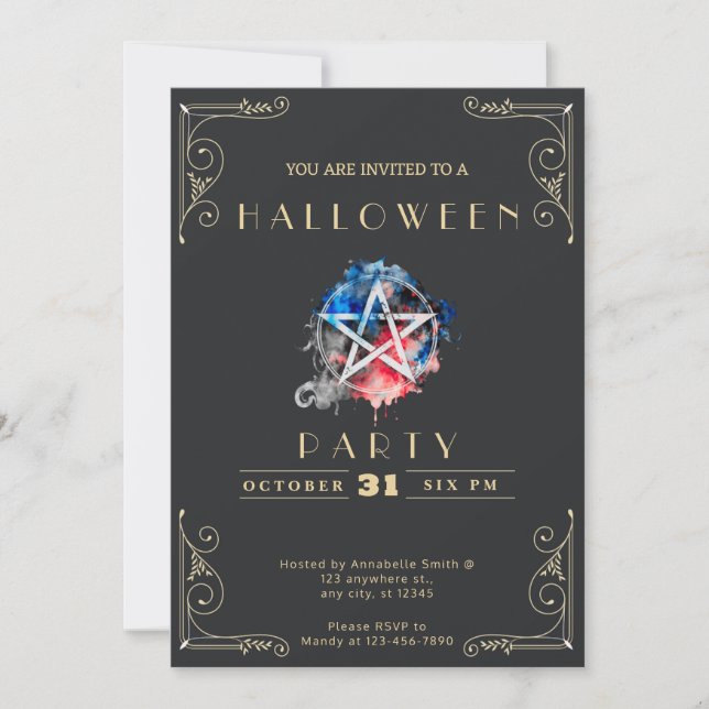 Chalkboard Black & Gold Pentagram Halloween Invitation (Front)